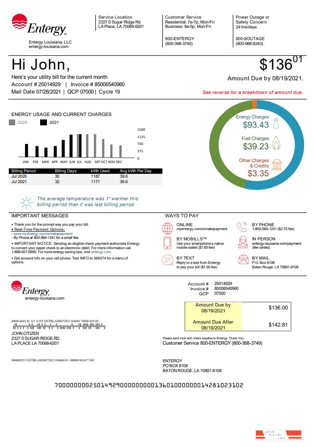 USA Louisiana Entergy utility bill template in Word and PDF format, version 2